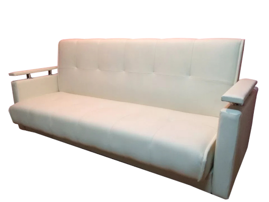 Белый кожаный диван-книжка с мягкими накладками на подлокотниках